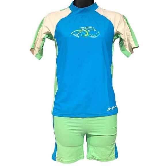 Sunbusters Dolphin Rash Guard Swim Set UPF 50+ Girl’s L(11-12) - Picture 1 of 9